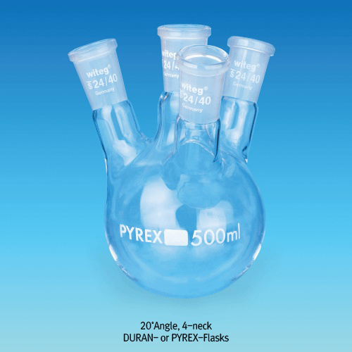 DURAN glass 4 &amp; 5× Joint Neck Round Bottom Flasks, 250 ~ 5000㎖4 &amp; 5 구 플라스크, with Joint, 20˚ Angle or Vertical Side Necks
