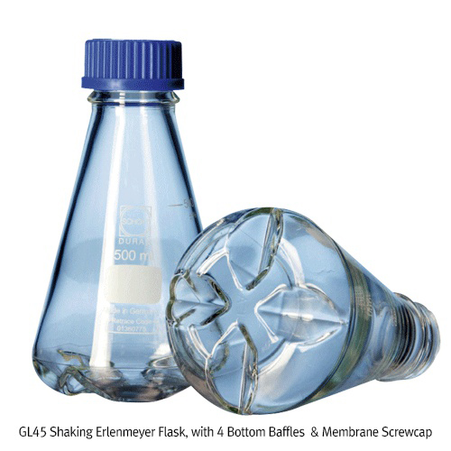 DURAN® GL45 Super-duty Shaking Glass Flasks, with 4 Bottom Baffles &amp; Membrane Screwcap,GL45 쉐이킹 삼각플라스크, Produce a Higher Oxygen Transfer, 250 500 1000㎖