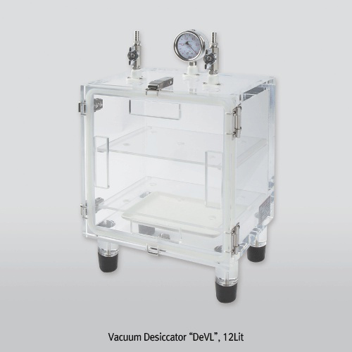 Vacuum Desiccator, “DeVL”, Clear PMMA, with Pressure Gauge, 12Lit 진공 데시게이터, 투명 강화 아크릴, Front Door Open, with Certi. &amp; Traceability